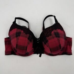Torrid Curve XO Push Up Plunge Underwire Bra Epic Red Plaid Lace Size 44DD‎